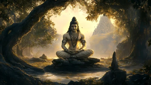 Serene forest deity meditates in golden, sacred morning light