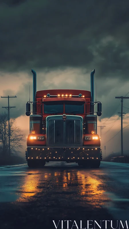 Red semi truck dominates stormy highway at dusk.