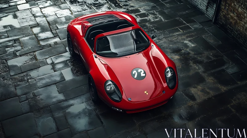 Red roadster with wet stone reflections in overhead view.