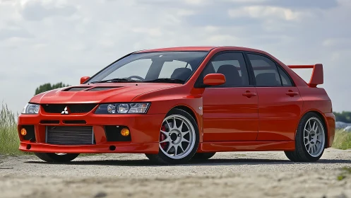 Red Mitsubishi Lancer Evo stands on rural gravel roadside.