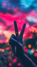 Peace Sign with Glowing Heart Ring in Neon Dreamscape.