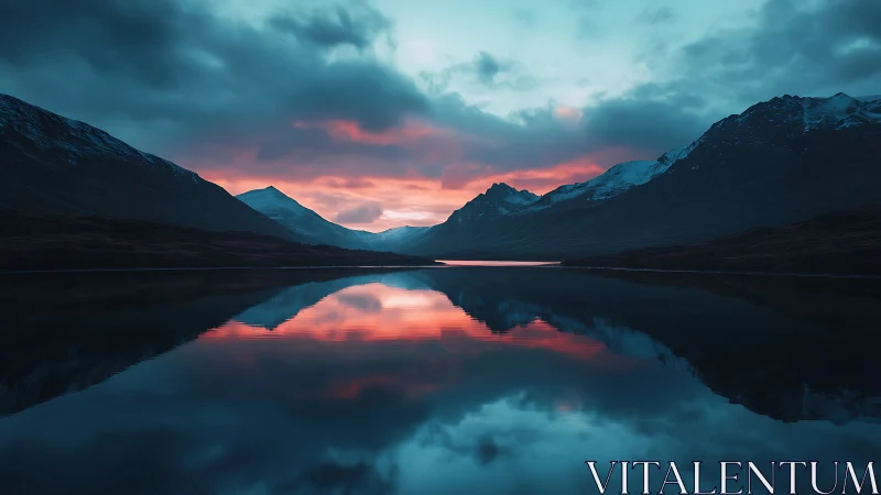 Mountain lake sunset with symmetrical sky reflection.