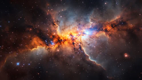 Stellar nebula core with ionized gas plumes and dust lanes.