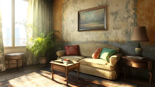 Sunlit vintage living room with worn textured walls and sofa