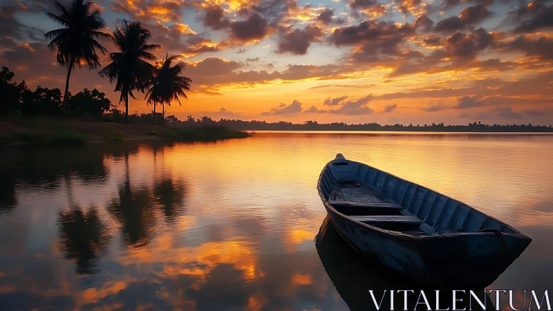 Solitary wooden boat on tropical river at vivid sunset.
