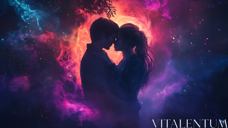 Silhouetted Couple Kissing Within Cosmic Energy Explosion