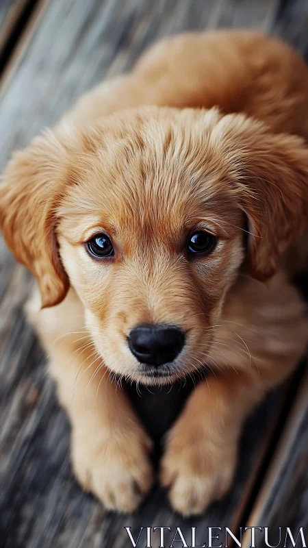 Honey-eyed golden puppy parked on rustic wooden floor.