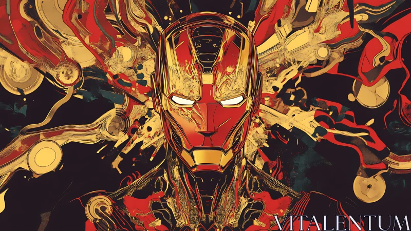 Armored hero portrait in molten red gold abstract field