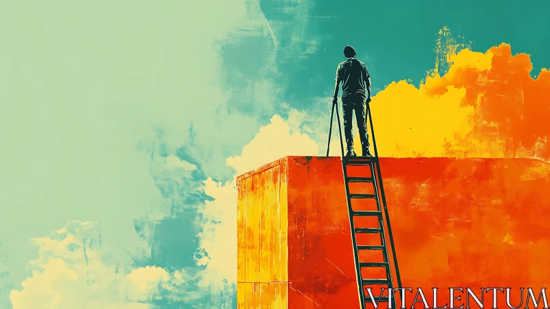Lone figure on ladder overlooking bold abstract skyline.