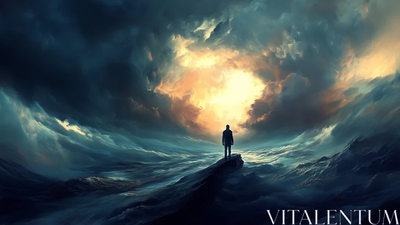 Solitary human silhouette amid turbulent oceanic vortex sky.