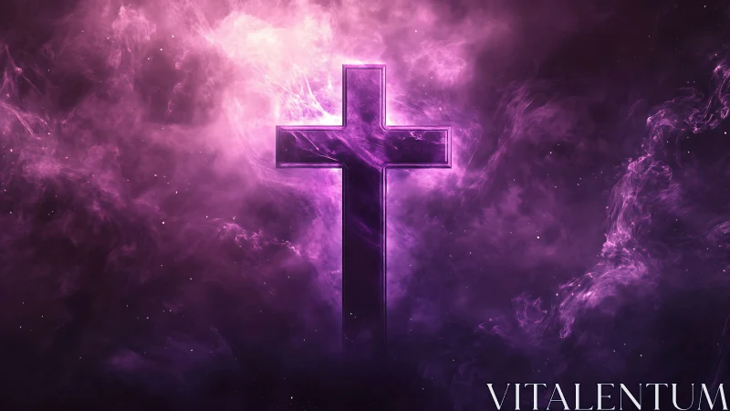 Glowing magenta cross silhouette within volumetric nebula haze