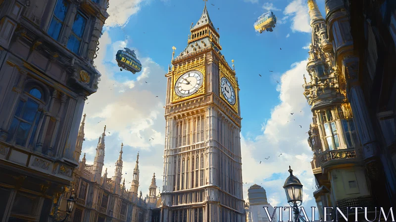 Big Ben under bright skies with whimsical flying airships.
