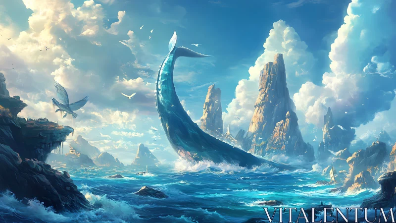 Fantasy seascape with leviathan arc and vertical rock spires.
