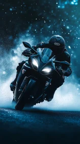 Motorcyclist riding sport bike on wet road at night.