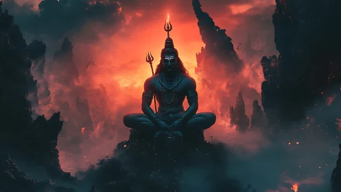 Deity figure in lotus posture amid volcanic terrain at dusk.