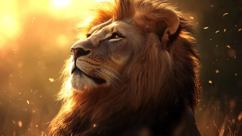 Majestic lion portrait in warm golden sunset light.