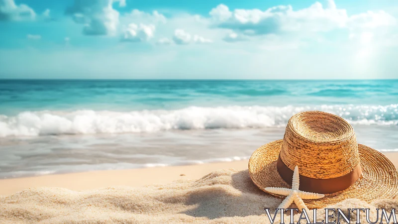 Sunlit straw hat and starfish resting by gentle waves.