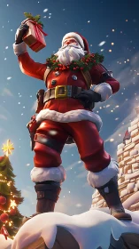 Heroic stylized Santa holds gift aloft in high-contrast 3D render