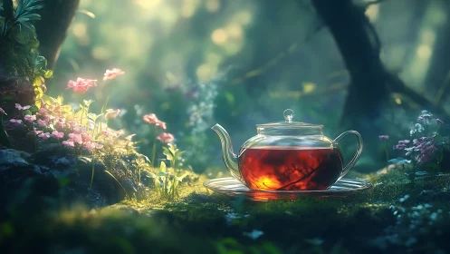 Glass teapot with red tea resting on moss in forest clearing.