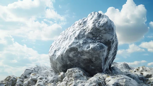 Sunlit boulder dominates a rocky landscape under bright sky.