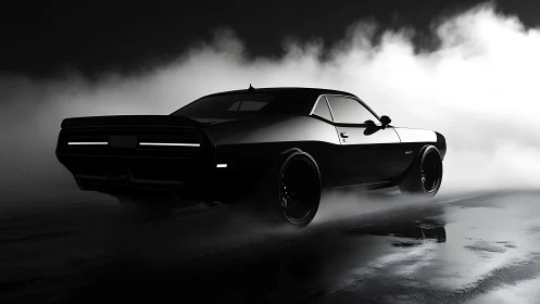 Sleek muscle car gliding through moody midnight mist.