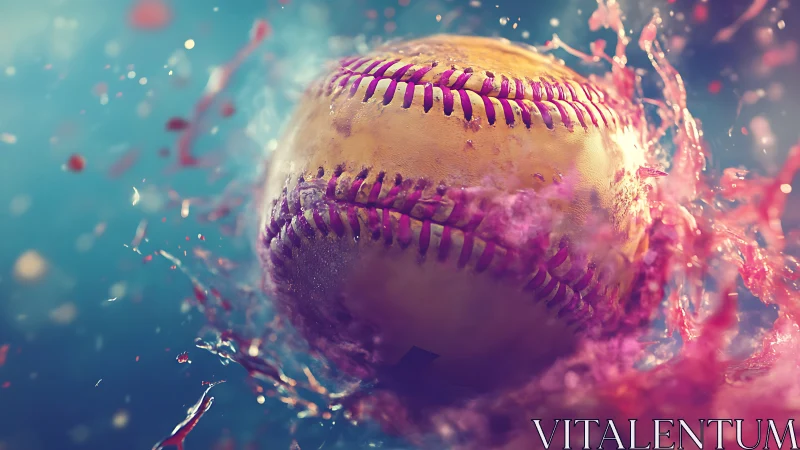 Soaked baseball spins through vivid pink liquid splash