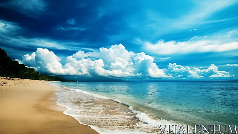 Calm sandy shoreline under bright clouds and a vivid blue sky.