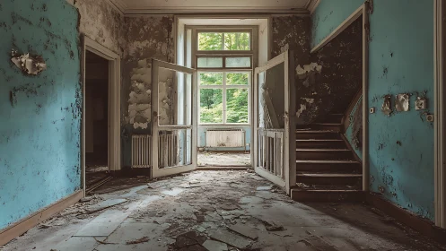 Quiet sunlight pouring into a gently crumbling hallway.