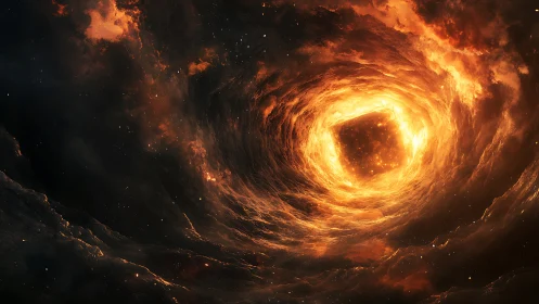 Cosmic fire vortex swallows glowing cube core in void.