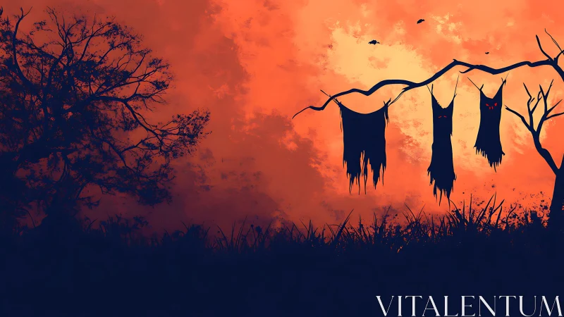 Silhouetted tree and hanging ghost figures at orange dusk.