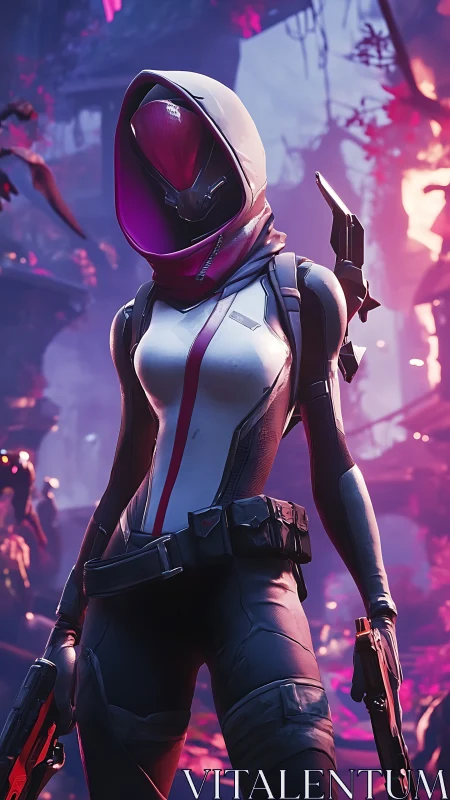 Hooded sci fi guardian stands bold in glowing neon forest.