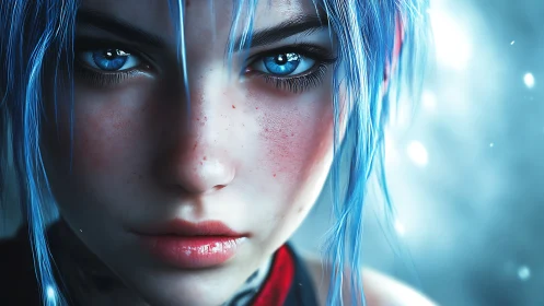 Icy blue haired heroine in hyperreal digital close up portrait.