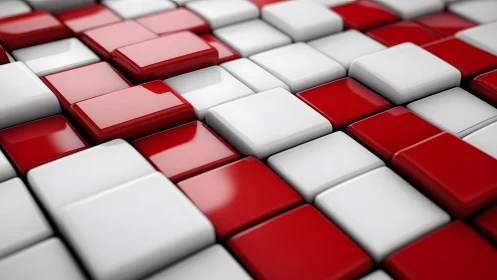 Red and white glossy 3D tiles form a staggered geometric grid