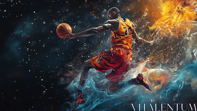 Basketball player mid-air in dynamic fiery water scene.