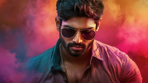 Moody portrait of cool man in sunglasses amid neon haze.