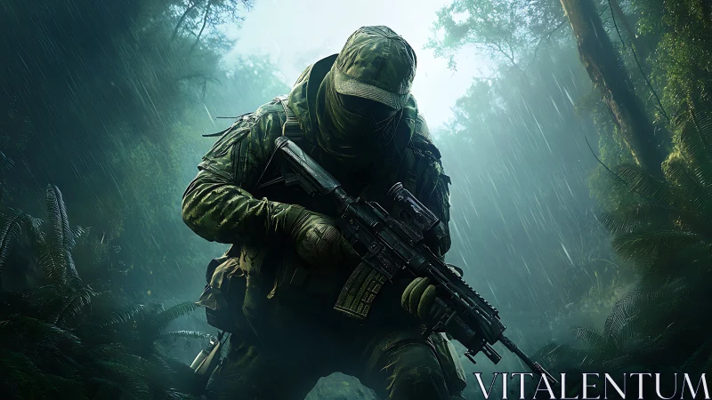 Camouflaged jungle operative advances with scoped rifle in heavy rain