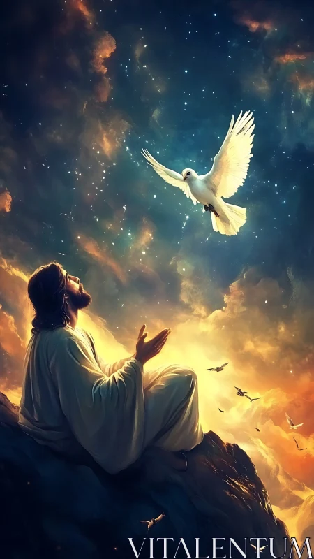 Messianic figure in luminous prayer beneath ascending dove.
