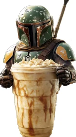 Helmeted space warrior sharing a giant caramel iced drink.