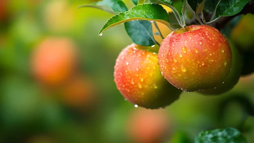 Ripe apples with water droplets on tree branch in orchard.