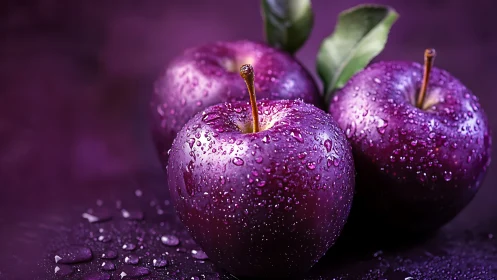 Glistening purple apples rest in a cool, dewy spotlight