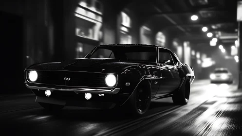 Monochrome muscle car rendered with high-contrast urban motion blur