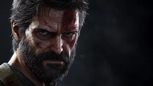 Battle-scarred bearded man under harsh dramatic lighting.