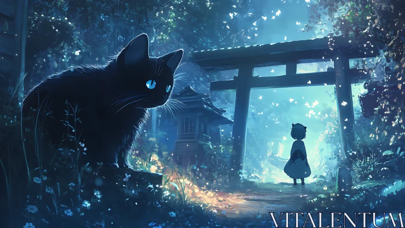 Bioluminescent forest gateway with black cat in anime night