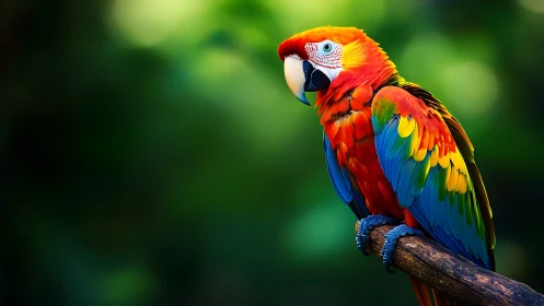 Vibrant Scarlet Macaw on Branch with Lush Green Background.