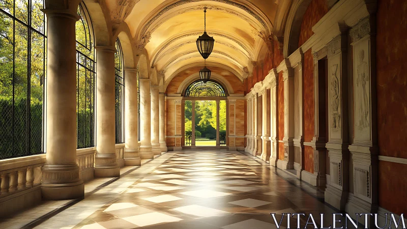 Neoclassical garden arcade with luminous perspective rendering.