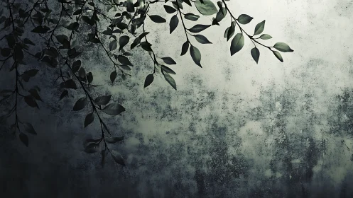 Moody botanical branches over textured concrete wall.