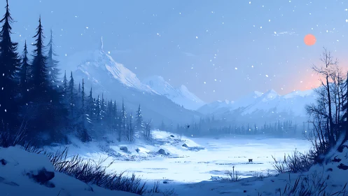 Snow-covered mountain valley under pale red winter sun.