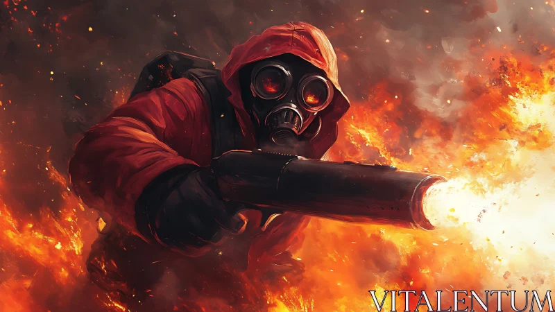 Firefighter in Red Gear Deploying Flamethrower in Intense Blaze
