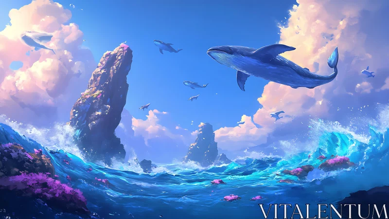 Skyward whales glide above radiant turquoise seascape.
