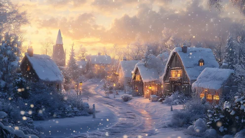 Snowy village street glows under warm winter sunset light
